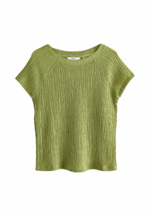 Short-sleeved, textured top in light green with a slightly loose fit. Features a rounded neckline and vertical ribbed pattern throughout.