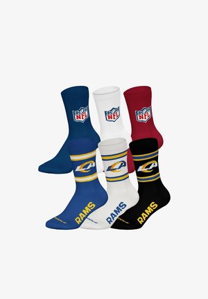 Sechs NFL-Socken in Navy, Weiß und Rot mit NFL-Logos in der oberen Reihe; blaue, weiße und schwarze Rams-Socken mit Teamnamen und Logo in der unteren Reihe.