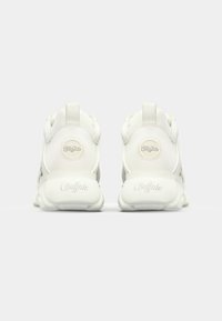 White sneakers with a cushioned sole, featuring a smooth leather upper, prominent logo accents on the heel and a lightweight design.