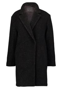 Cappotto monopetto in lana nera con colletto a risvolto e maniche lunghe, esposto su uno sfondo bianco.