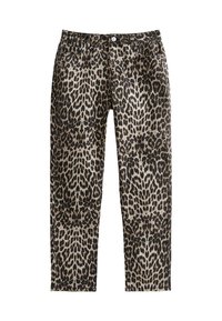 Leopardmönstrade jeans med en åtsittande design, midjehöjd och denimtextur. Har klassisk femficksdesign och knappstängning.