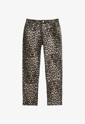 Jeans imprimés léopard avec une coupe ajustée, taille mi-haute et texture en denim. Présente un style classique à cinq poches et une fermeture à bouton.