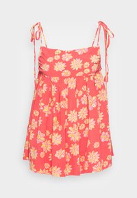 Vestido floral rosa com alças de espaguete ajustáveis, corpete franzido e saia plissada. Apresenta padrões de margaridas amarelas e brancas ao longo de toda a peça.