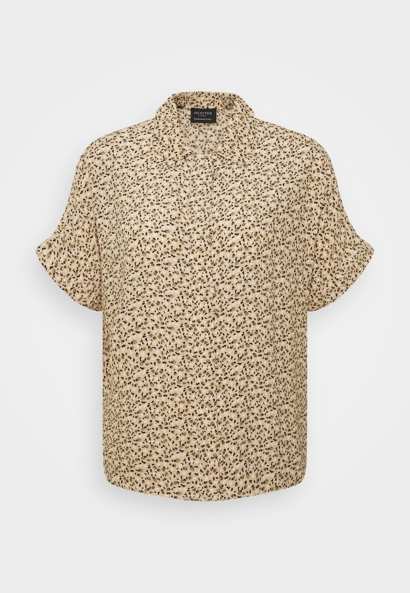 Blusa a maniche corte con colletto in tessuto beige chiaro, caratterizzata da un motivo astratto nero e verde diffuso. Chiusura con bottoni frontale. Vestibilità rilassata.