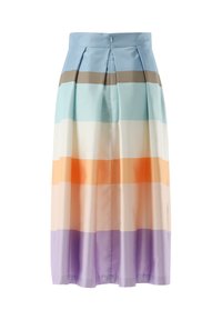 Pleated midi skirt with a smooth texture. Features horizontal stripes in light blue, beige, white, orange, and lavender. Zip back closure.