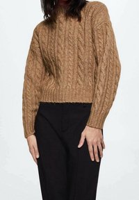 Pull en tricot torsadé marron avec un design court, des manches longues et une finition texturée, associé à un pantalon noir.