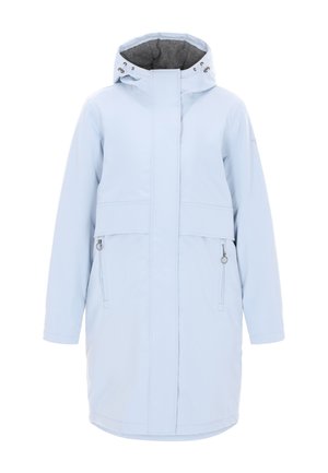 Lyseblå, mellemlang frakke med høj krave, grå fleeceforing, to lynlåslommer foran og justerbar hætte. Glat, vandafvisende stof.