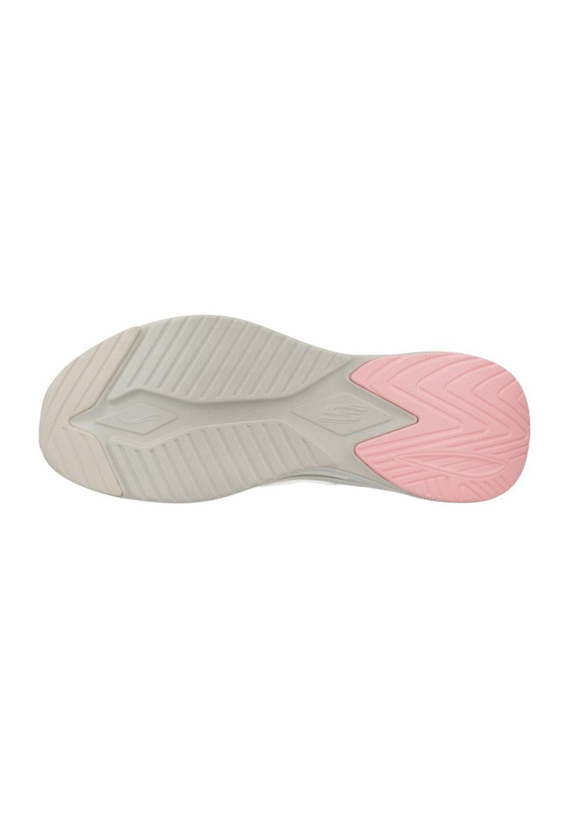 Suela de zapato que presenta una base de goma texturizada de color gris claro con un acento rosa en el talón; diseñada para ofrecer agarre y durabilidad.