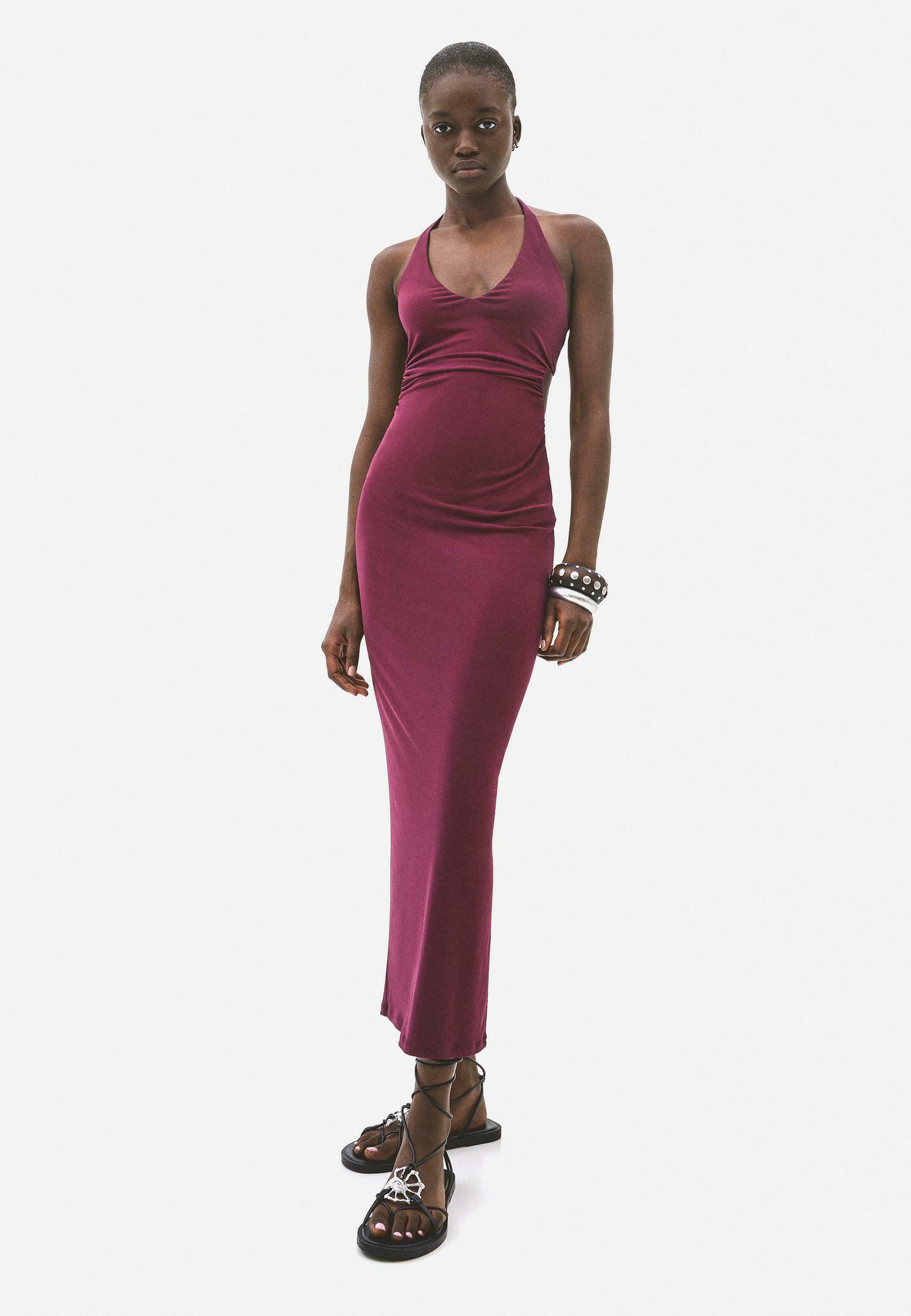 Bershka FLOWING Vestito lungo dark red/rosso scuro - Main Image