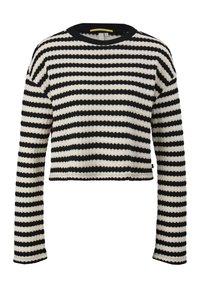 Zwart en crèmekleurig gestreept cropped sweater met lange mouwen, geribbelde halslijn en textielstructuur. Horizontale strepen en effen manchetten.