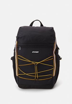 Black nylon backpack with yellow bungee cord design, front zip pocket, and adjustable straps. Features K-Way logo on front panel.