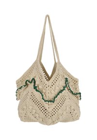 Sac crocheté beige avec un tissage texturé, orné d'accents verts froncés et doté de deux longues poignées pour le transport.
