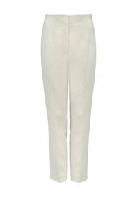 Beżowe spodnie o kroju prostym, z płaskim przodem i dwiema bocznymi kieszeniami. Wykonane z gładkiego materiału o delikatnym połysku.