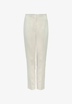 Beżowe spodnie o kroju prostym, z płaskim przodem i dwiema bocznymi kieszeniami. Wykonane z gładkiego materiału o delikatnym połysku.