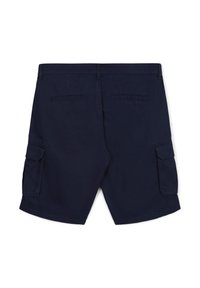 Pantaloni cargo blu navy con due tasche laterali e tasche posteriori. Tessuto semplice con una texture liscia. Taglio dritto e cintura standard.