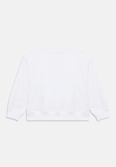 Άσπρο φούτερ με μακριά μανίκια, στρογγυλή λαιμόκοψη, ριμπ μανσέτες και cropped τελείωμα. Ομαλή υφή, χωρίς εμφανή σχέδια ή διακοσμήσεις.