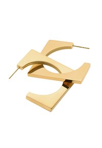 Złote geometryczne kolczyki z połączeniem kształtów kwadratowych i zaokrąglonych, gładkimi powierzchniami oraz z zapięciem na sztyft.