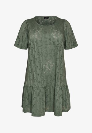Grünes kurzärmeliges Spitzenkleid mit Rundhalsausschnitt, wellenförmigem Muster und Rüschensaum.