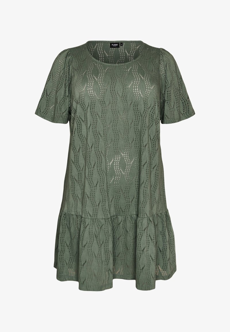 Robe courte en dentelle verte à manches courtes, col rond, motif ondulé et ourlet à volants.