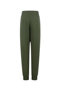 Pantaloni della tuta in cotone verde con vita elastica, gambe affusolate e polsini a coste. Texture liscia e design semplice senza ulteriori dettagli.