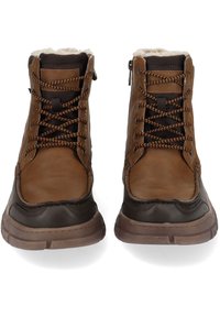 Brown leather ankle boots with synthetic brown accents, textured surfaces, black laces, side zippers, and a soft, white fleece lining.