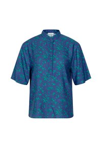 Chemise bleue à manches courtes avec motif floral vert, col mandarin et patte de boutonnage devant.