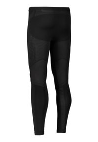 Leggings sportivi neri realizzati in tessuto elasticizzato, con pannelli in rete, un design aderente e cuciture lisce per comfort e prestazioni.