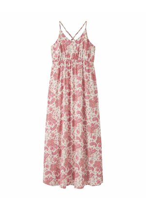 Robe maxi sans manches avec imprimé floral paisley rose, taille élastique et fines bretelles croisées sur tissu beige clair.