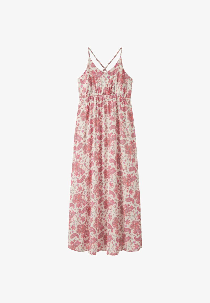 Robe maxi sans manches avec imprimé floral paisley rose, taille élastique et fines bretelles croisées sur tissu beige clair.