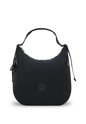 Sac d'épaule noir avec base arrondie, poches zippées des deux côtés, une poignée courte et un petit porte-clés suspendu.