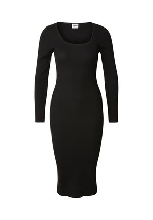 Zwarte geribbelde jurk met lange mouwen, een vierkante halslijn, een aansluitend silhouet en een zoom tot op de knie. Gemaakt van een rekbare stof.