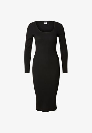 Zwarte geribbelde jurk met lange mouwen, een vierkante halslijn, een aansluitend silhouet en een zoom tot op de knie. Gemaakt van een rekbare stof.