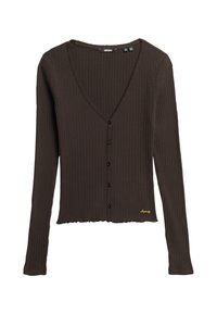Brun ribbet cardigan med lange ærmer, dyb V-hals, forsideknapper og en rynket søm. Har guldlåg detalje i bunden.