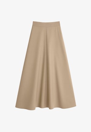 Beige A-lijn rok met hoge taille, gemaakt van gladde stof en voorzien van een subtiel voorpandnaaddetail, licht uitlopend naar de zoom.