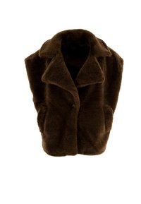 Bruine nep bont vest met een grote kraag, twee zijzakken en een iets oversized pasvorm. Zachte textuur, geen zichtbare knopen.