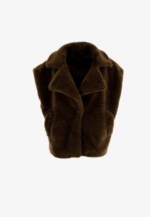 Gilet en fausse fourrure marron avec un grand col, deux poches latérales et une coupe légèrement oversize. Texture douce, sans boutons visibles.
