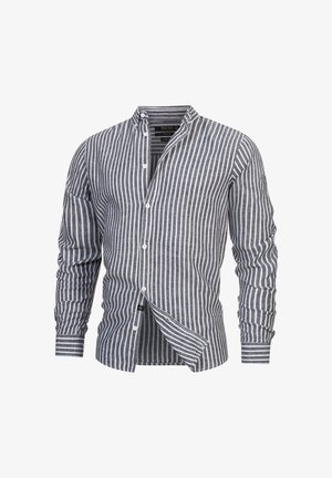 Camicia button-up a righe in lino grigio e bianco. Presenta un colletto a bande, maniche lunghe e un tessuto leggermente textured.
