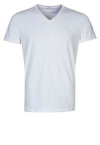 Hvid bomulds t-shirt med v-hals design, korte ærmer og en glat overflade, der har et simpelt og rent udseende.