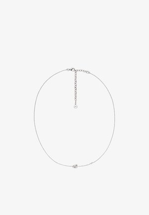 Silberne Halskette mit feinem Design, mittig mit einem Knoten-Detail versehen. Die Kette ist dünn, hat eine verstellbare Länge und einen Karabinerverschluss.