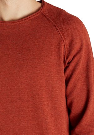 Maglione color ruggine con collo a giro, realizzato in tessuto a maglia testurizzato, con maniche raglan e finitura liscia.