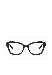 Occhiali da vista neri con un design elegante e angolare. Realizzati in plastica opaca, con lenti trasparenti e aste dritte con dettagli in gomma.