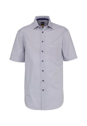 Kurzärmeliges Hemd zum Knöpfen mit kleinem marineblauem und rostfarbenem geometrischem Muster auf weißem Hintergrund, klassischem Kragen und dunklen Knöpfen vorne.