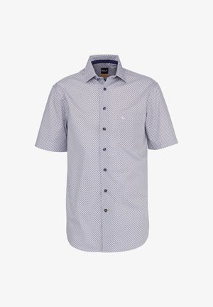 Camicia a maniche corte con bottoni, con stampa geometrica di piccolo formato in blu navy e ruggine su sfondo bianco, colletto classico e bottoni scuri sul davanti.