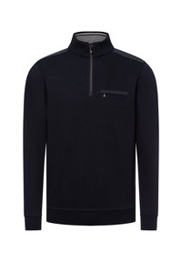 Marineblaue Zip-Up-Pullover mit hohem Kragen, ausgestattet mit einer Brusttasche und einem bequemen Strickstoff. Glatte Textur mit kontrastierenden Schulterakzenten.