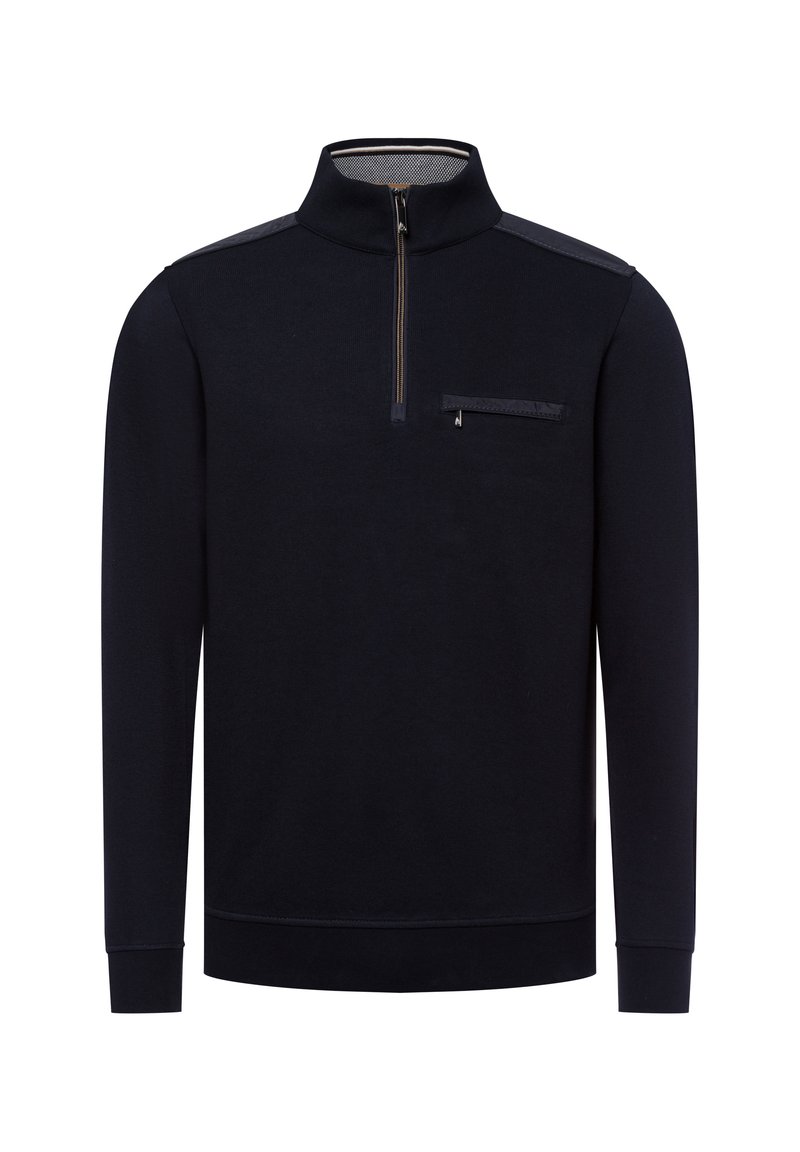 Marineblaue Zip-Up-Pullover mit hohem Kragen, ausgestattet mit einer Brusttasche und einem bequemen Strickstoff. Glatte Textur mit kontrastierenden Schulterakzenten.