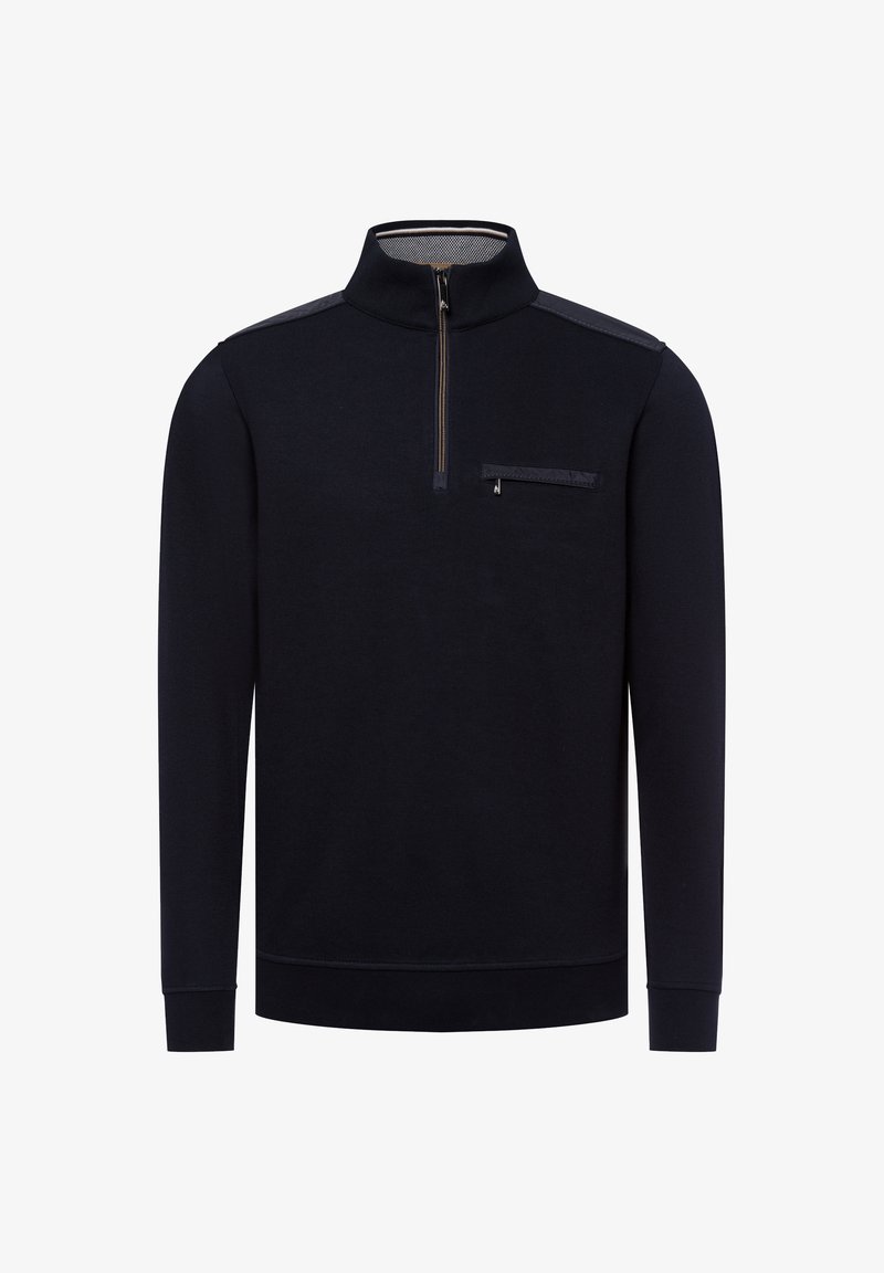 Marineblaue Zip-Up-Pullover mit hohem Kragen, ausgestattet mit einer Brusttasche und einem bequemen Strickstoff. Glatte Textur mit kontrastierenden Schulterakzenten.