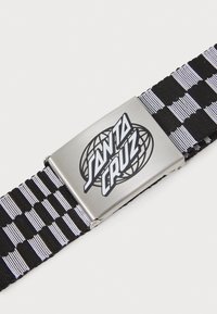 Black and white checked fabric belt featuring a silver metal buckle with a "Santa Cruz" logo in bold black font on a circular design.