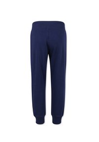 Navyblauwe joggingsbroek gemaakt van zachte stof, met een geribde tailleband en boorden, ontworpen met een rechte pijp en zonder zichtbare zakken.