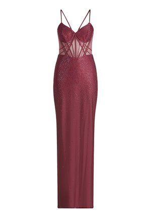 Long burgundy evening gown with thin straps, sheer paneling on the bodice, and scattered sparkling embellishments.