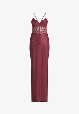 Long burgundy evening gown with thin straps, sheer paneling on the bodice, and scattered sparkling embellishments.